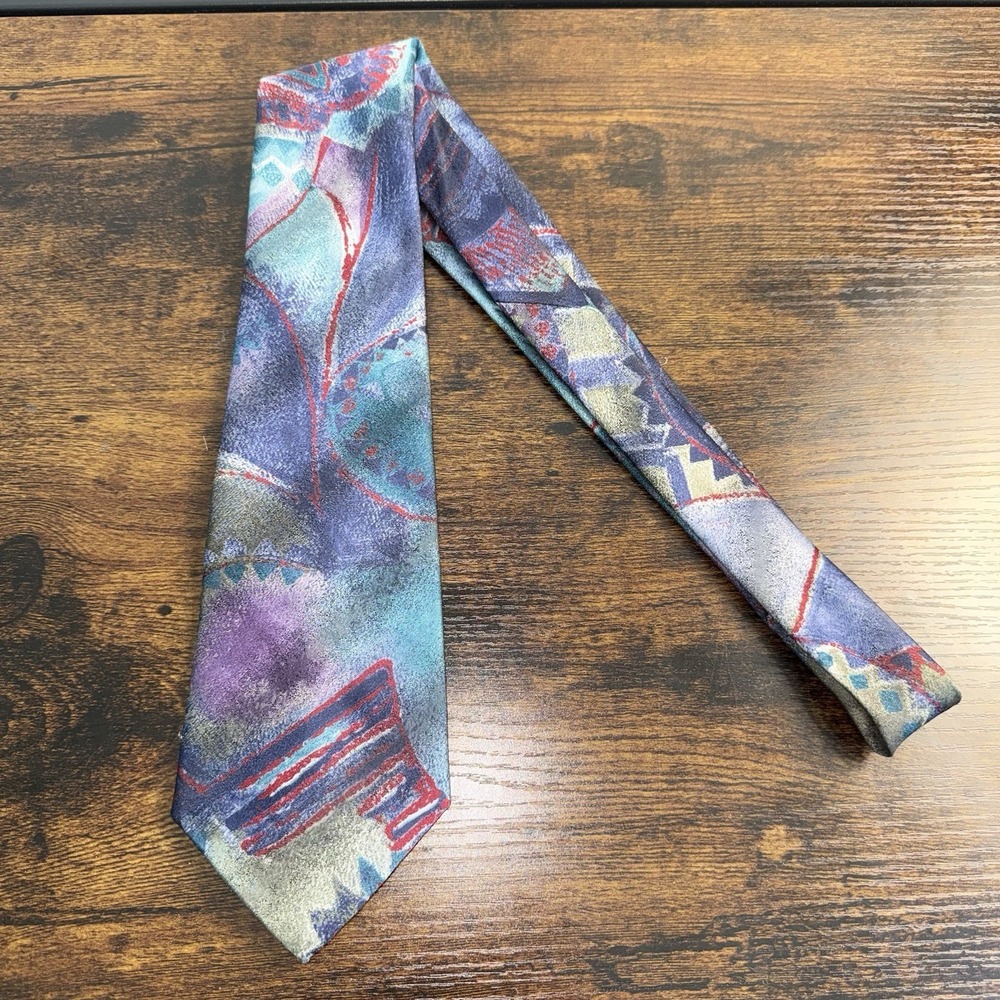 Vintage 90's Towncraft Abstract Necktie Mens Blue Purple Geometric Polyester - Picture 5 of 6